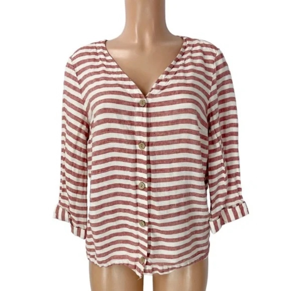 Rachel Zoe 100% linen top size S small striped wooden buttons v-ceck beachy boho